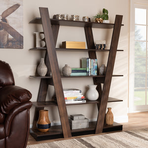 Modern Walnut Brown Finished 5-Tier Wood Geometric Display Shelf