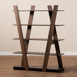 Modern Walnut Brown Finished 5-Tier Wood Geometric Display Shelf